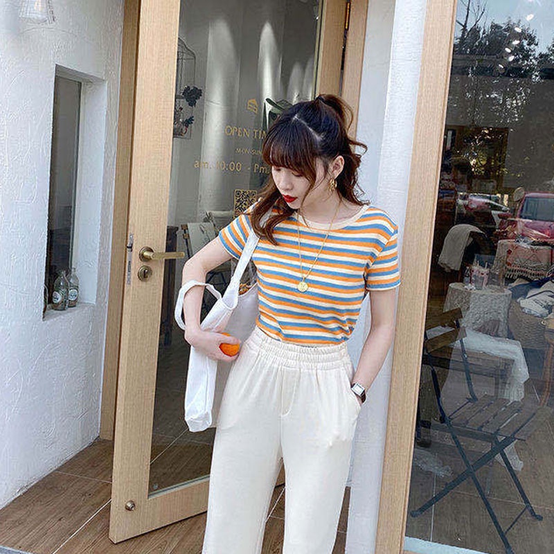 Áo thun XINLANYASHE tay ngắn họa tiết sọc ngang thời trang Hàn Quốc cho nữ