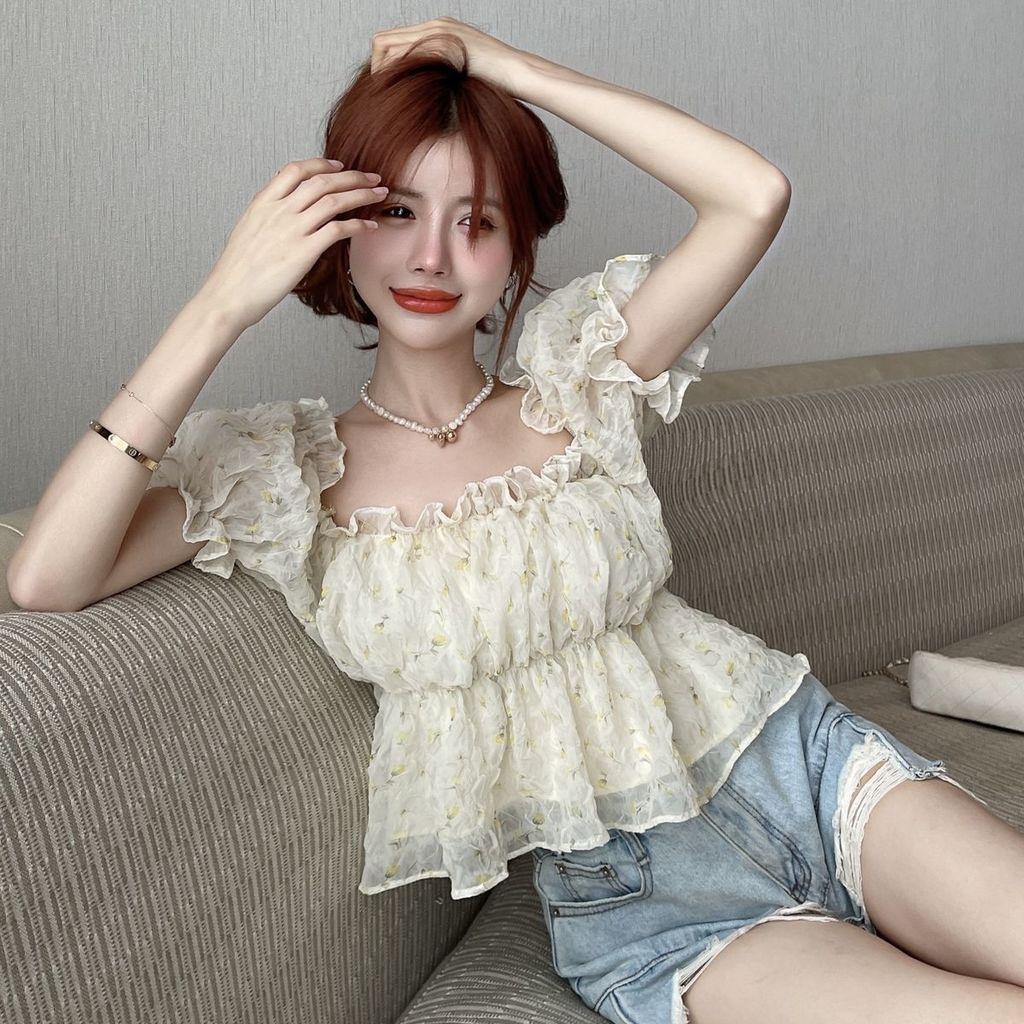 Áo Chiffon Cổ Vuông Tay Ngắn Phồng In Hoa Ngọt Ngào