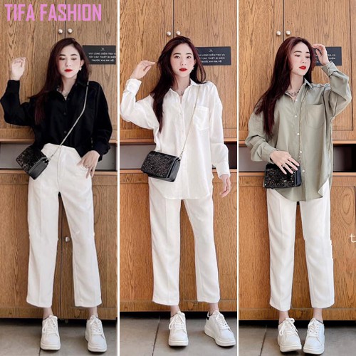 SET ÁO SƠ MI ĐŨI MIX QUẦN ỐNG SUÔNG TRẮNG TRẺ TRUNG NĂNG ĐỘNG 💕𝑭𝑹𝑬𝑬𝑺𝑯𝑰𝑷💕