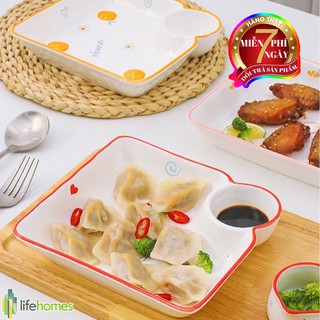 Đĩa sứ vuông có ngăn đựng gia vị, đựng trái cây, rau luộc, đồ ăn tiện dụng, đĩa sứ đa năng