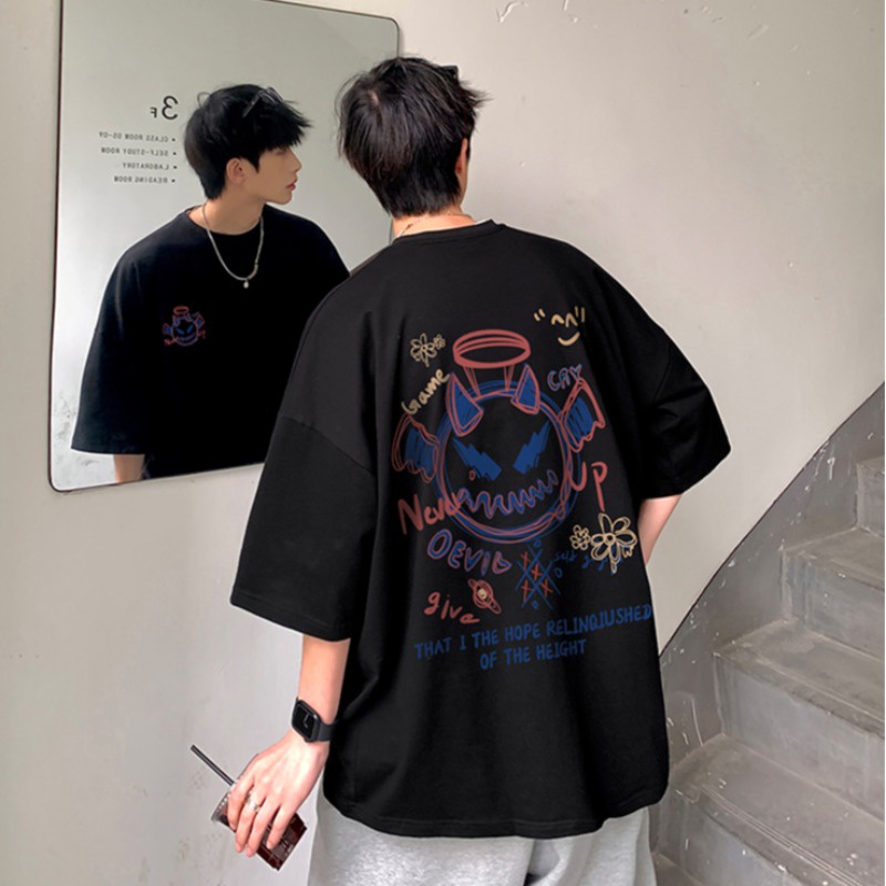Áo Thun Tay Ngắn Dáng Rộng In Hình Quỷ Nhỏ Sau Lưng 3 Màu Thời Trang Mùa Hè Cho Nam