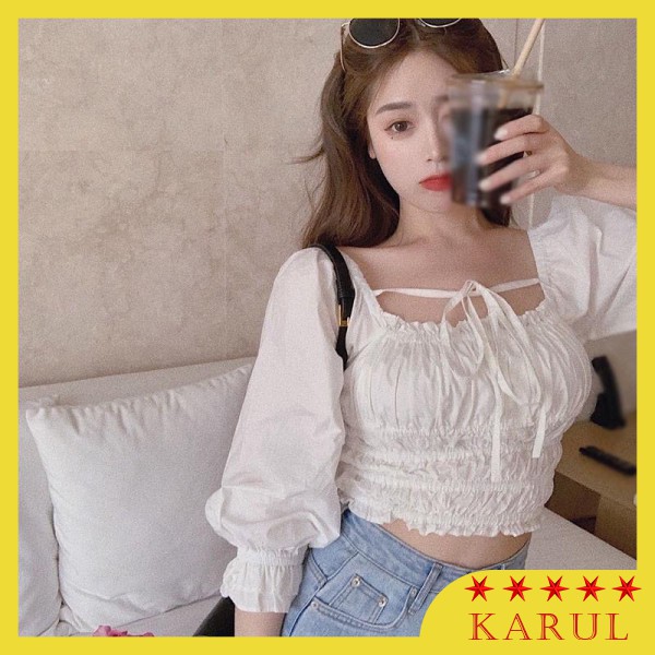 Áo croptop trắng trễ vai buộc dây cổ, Áo croptop trắng trễ vai bèo sang chảnh phong cách Hàn Quốc