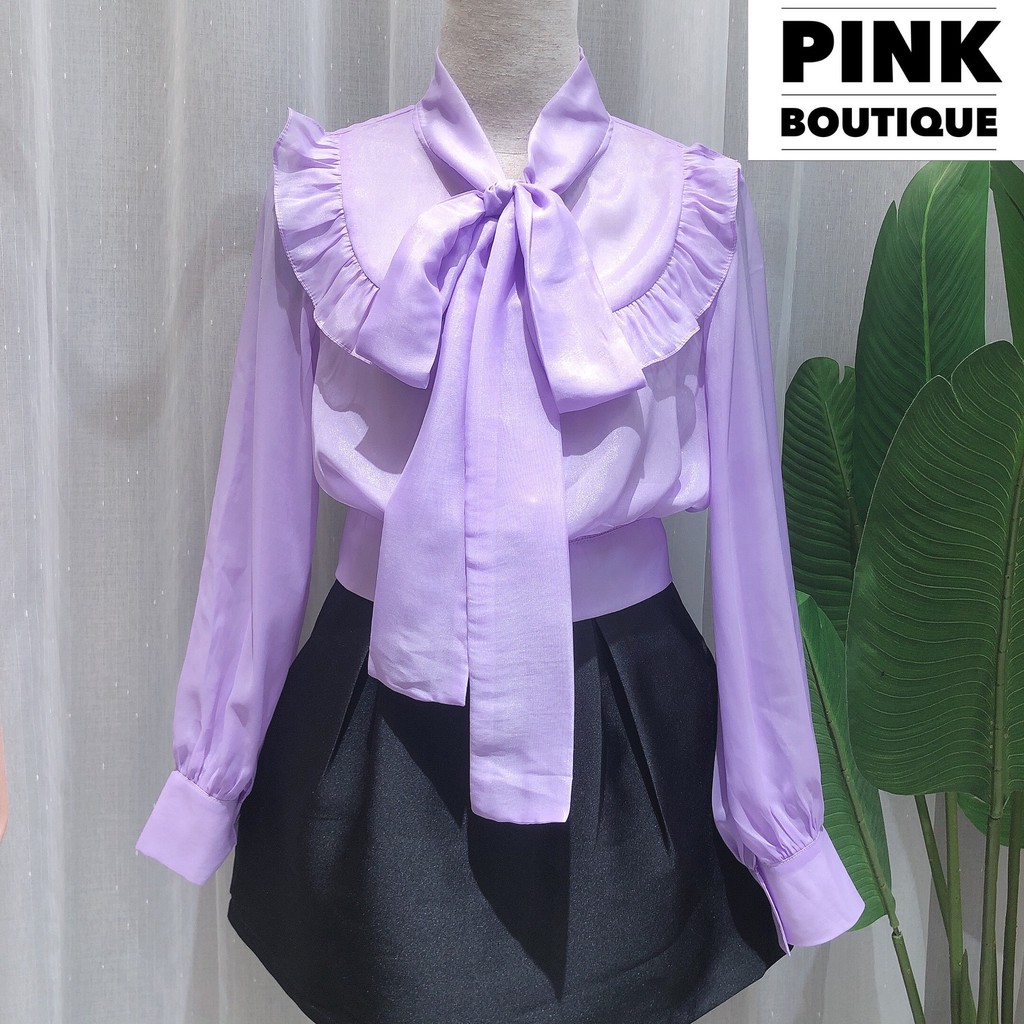 Áo Sơ Mi Croptop Cổ Nơ Dài Nữ Thiết Kế PINKBOUTIQUE