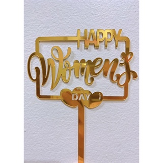 Topper mica Happy Women's Day khung vàng + trái tim