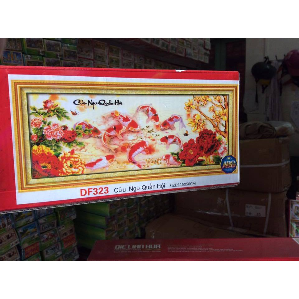 Tranh gắn đá Cửu ngư quần hội Df323 115x50cm