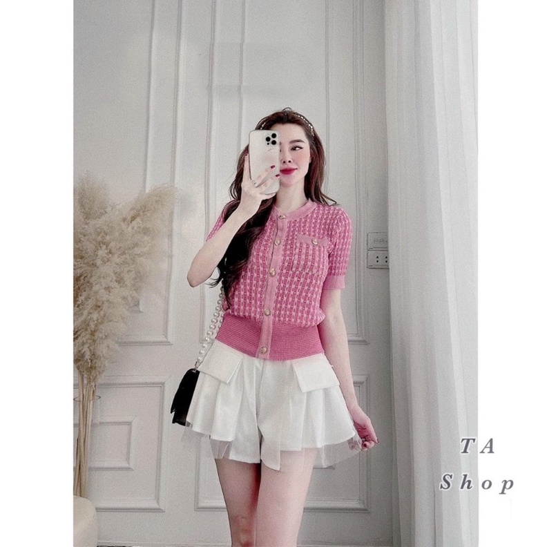 Áo len tăm túi ngực ngắn tay, Áo kiểu cúc giữa cổ tròn co giãn AL8018 - NhiNhi Shop