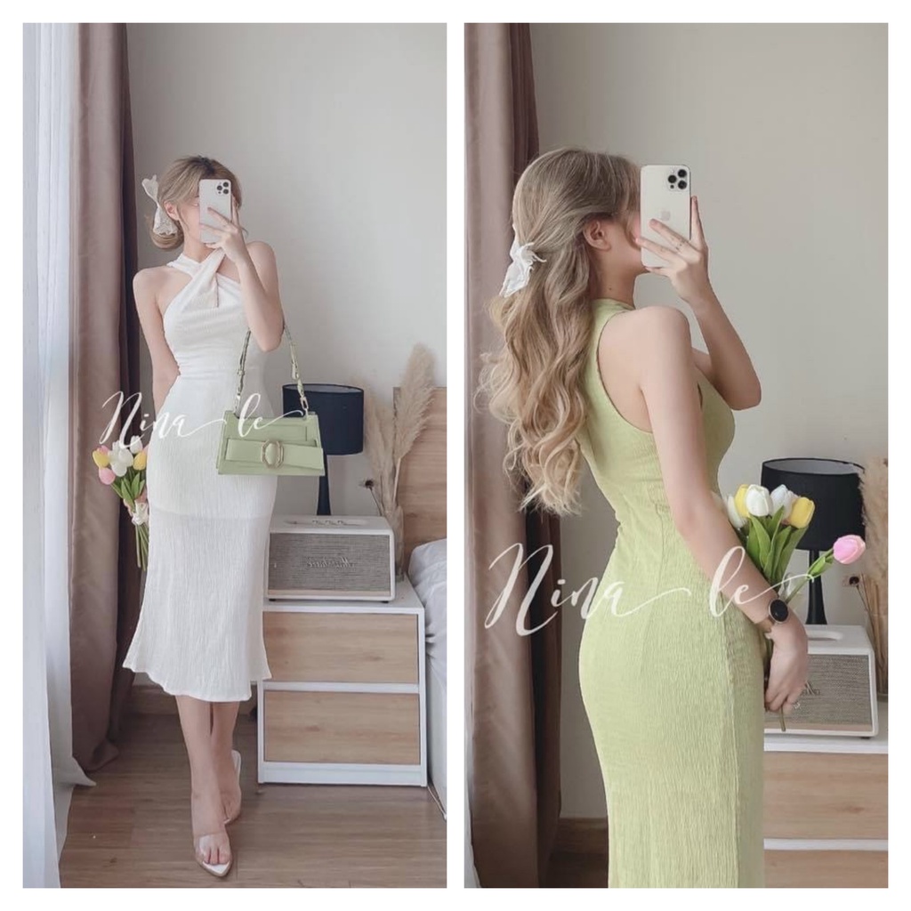 Váy xốp ôm body cổ yếm 2 màu xanh/trắng freesize 40-48kg