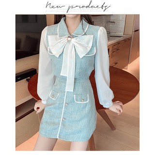 Set áo sơ mi tay voan dài cổ đính nơ phối váy ngắn tiểu thư nữ tính (có hình thật)