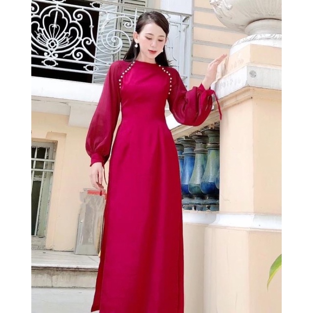 ÁO DÀI LỤA TƠ ÓNG 4 TÀ MÀU ĐỎ ĐÔ SIÊU YÊU