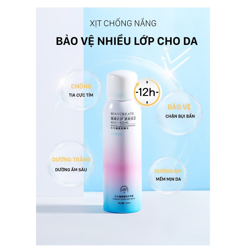 Xịt Chống Nắng Dưỡng Trắng Da Maycreate 150ML - Chống Nắng Nâng Tone Da, Makeup Tự Nhiên Không Chứa Cồn