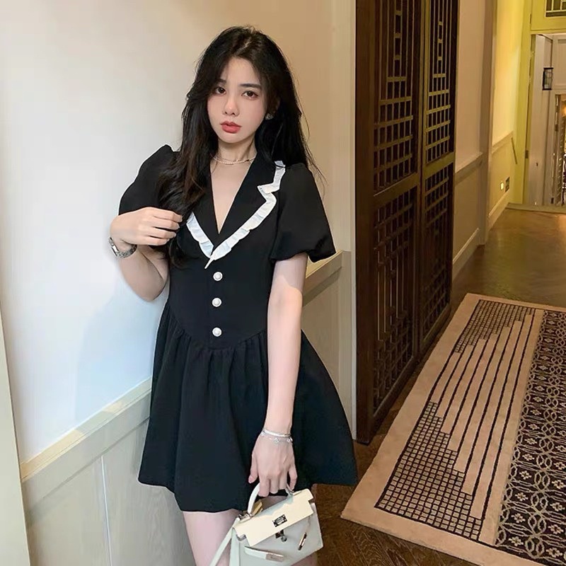 (Ảnh thật) Váy tiểu thư trượt mềm không nhăn cổ bèo trắng