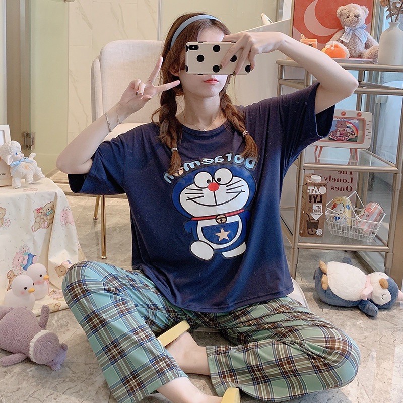 Bộ ngủ pijama nữ ngắn tay quần kẻ nhiều màu | BigBuy360 - bigbuy360.vn
