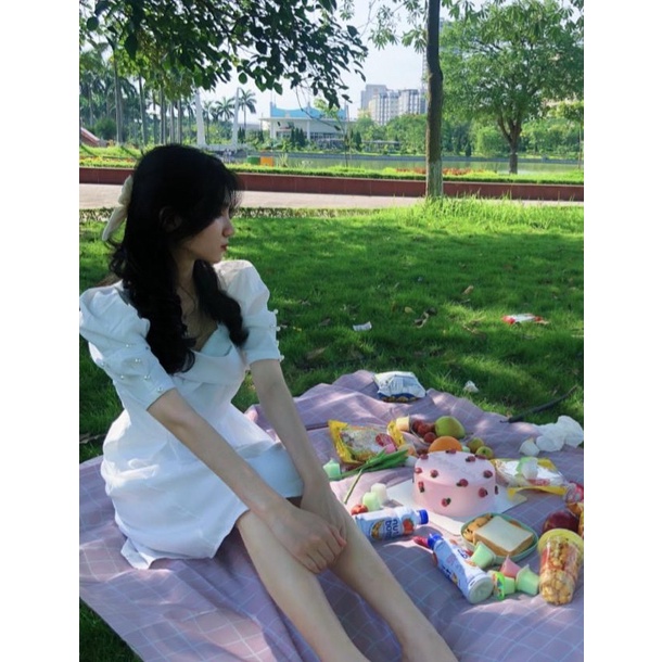 (Ảnh thật) Đầm Trắng Dài Cổ Vuông Tay Phồng Đính Ngọc Hai Lớp Mặc Đi Tiệc, Đi Chơi, Kỷ Yếu  D015