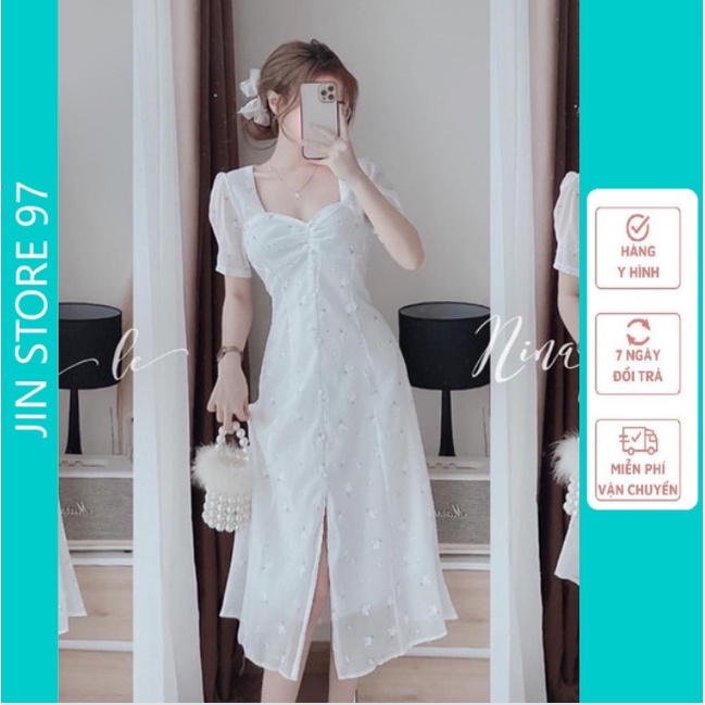 Váy hoa nhí nhúm ngực tay bồng dáng dài dễ thương thiết kế xẻ tà tiểu thư sang chảnh mã V02