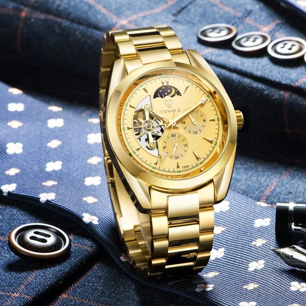 Đồng hồ cơ nam Tevise 795A chạy full kim dây kim loại (Full Gold) | BigBuy360 - bigbuy360.vn