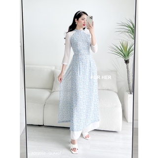 Áo dài Cách tân tay phối nữ hoa nhí xanh dương hoa AD02052