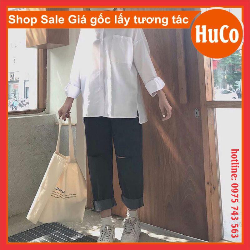 sét trang phục nữ, sét đồ áo sơ mi trắng dài tay xẻ tà basic trơn + quần bò đen cạp cao ống rộng siêu hách dáng tách lẻ | BigBuy360 - bigbuy360.vn