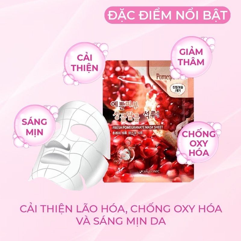 Mặt nạ giấy dưỡng da 3W Clinic Hàn Quốc chiết xuất từ Lựu Đỏ dưỡng ẩm mờ thâm nám trắng da và mềm mịn da lẻ miếng 23ml