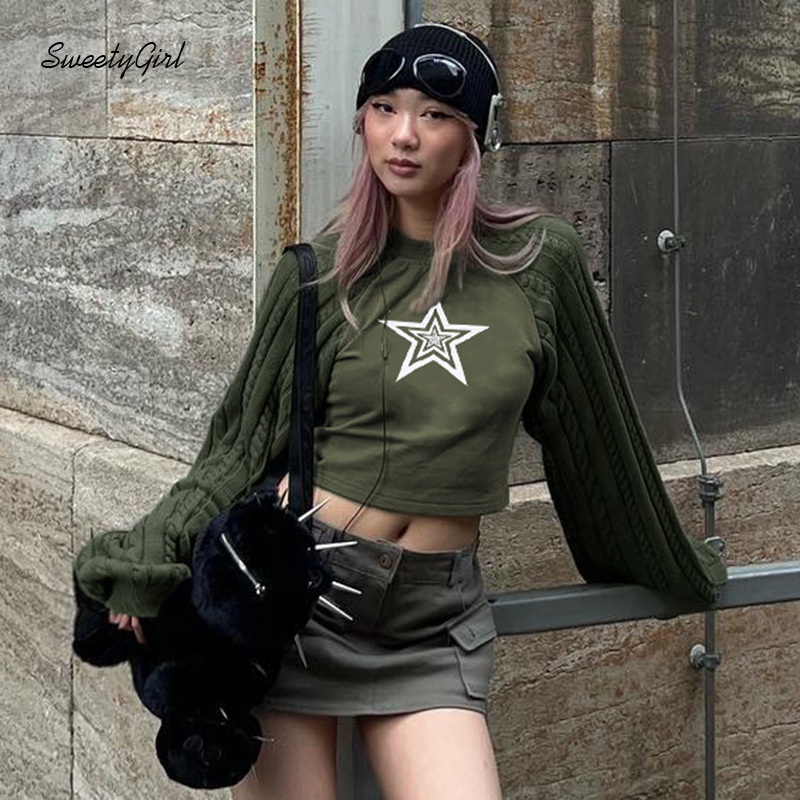 Áo Sweater Dệt Kim Tay Dài Cổ Tròn In Hình Ngôi Sao Màu Trơn Thời Trang 2022 Cho Nữ