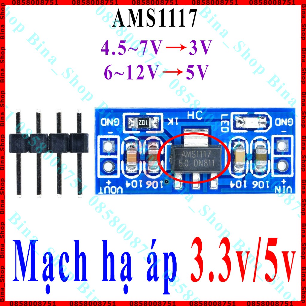 Mạch hạ áp AMS1117 DC 3.3V/5V 800mA