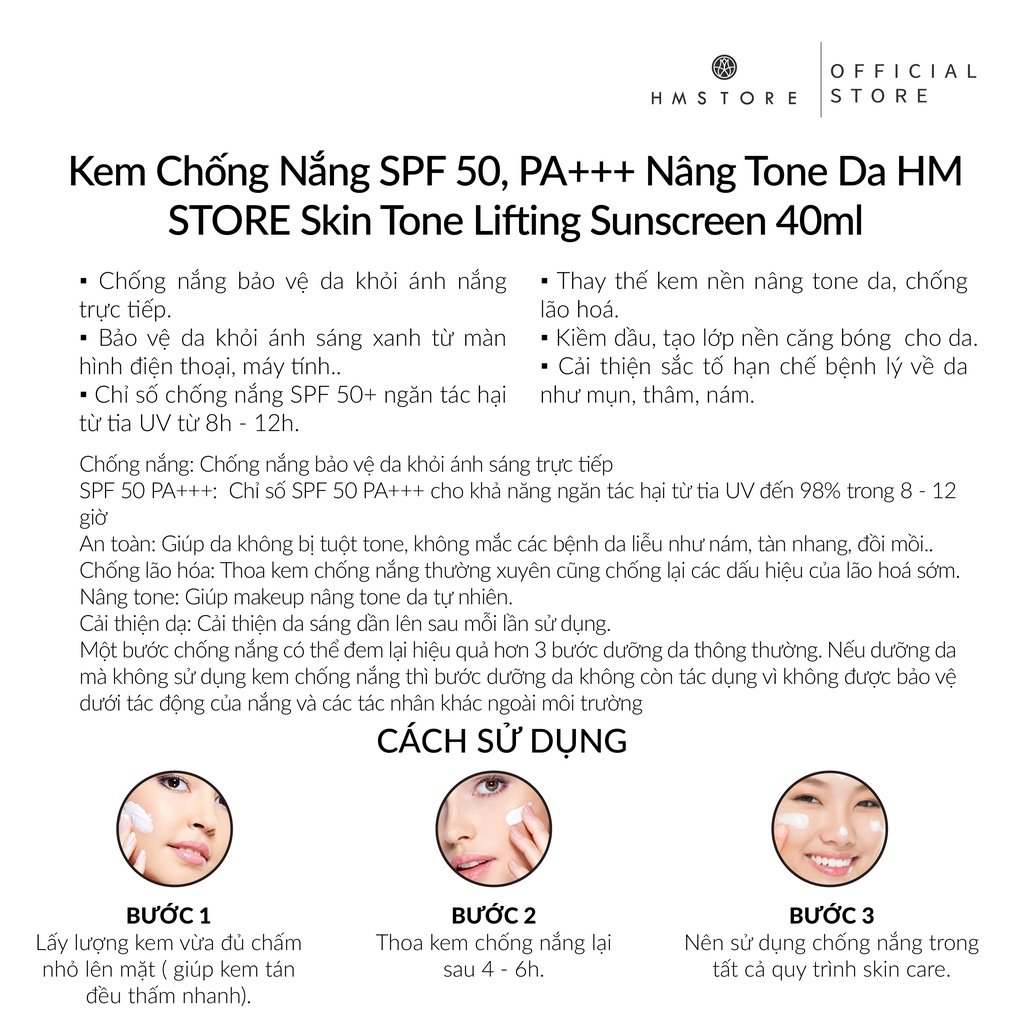 Kem Chống Nắng SPF 50, PA+++ Nâng Tone Da HM STORE - HM Sunscream 40ml