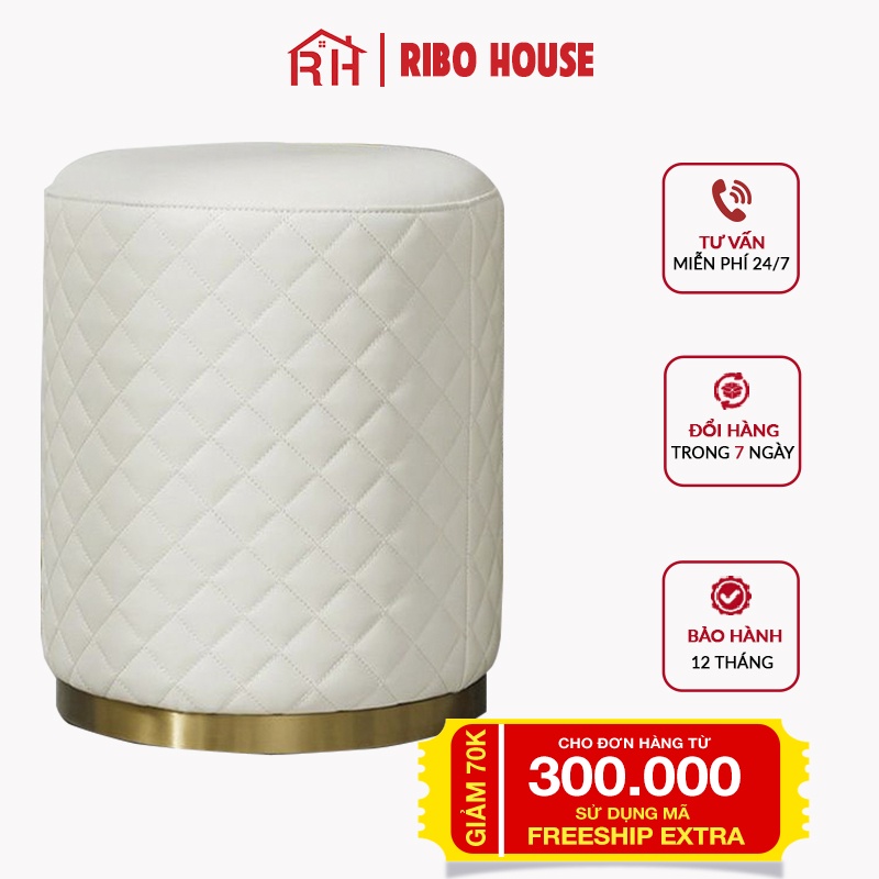 Ghế đôn RIBO HOUSE để bàn trang điểm, ghế vải nhung nỉ hoạ tiết kẻ caro trang trí phòng ngủ, phòng khách RIBO209