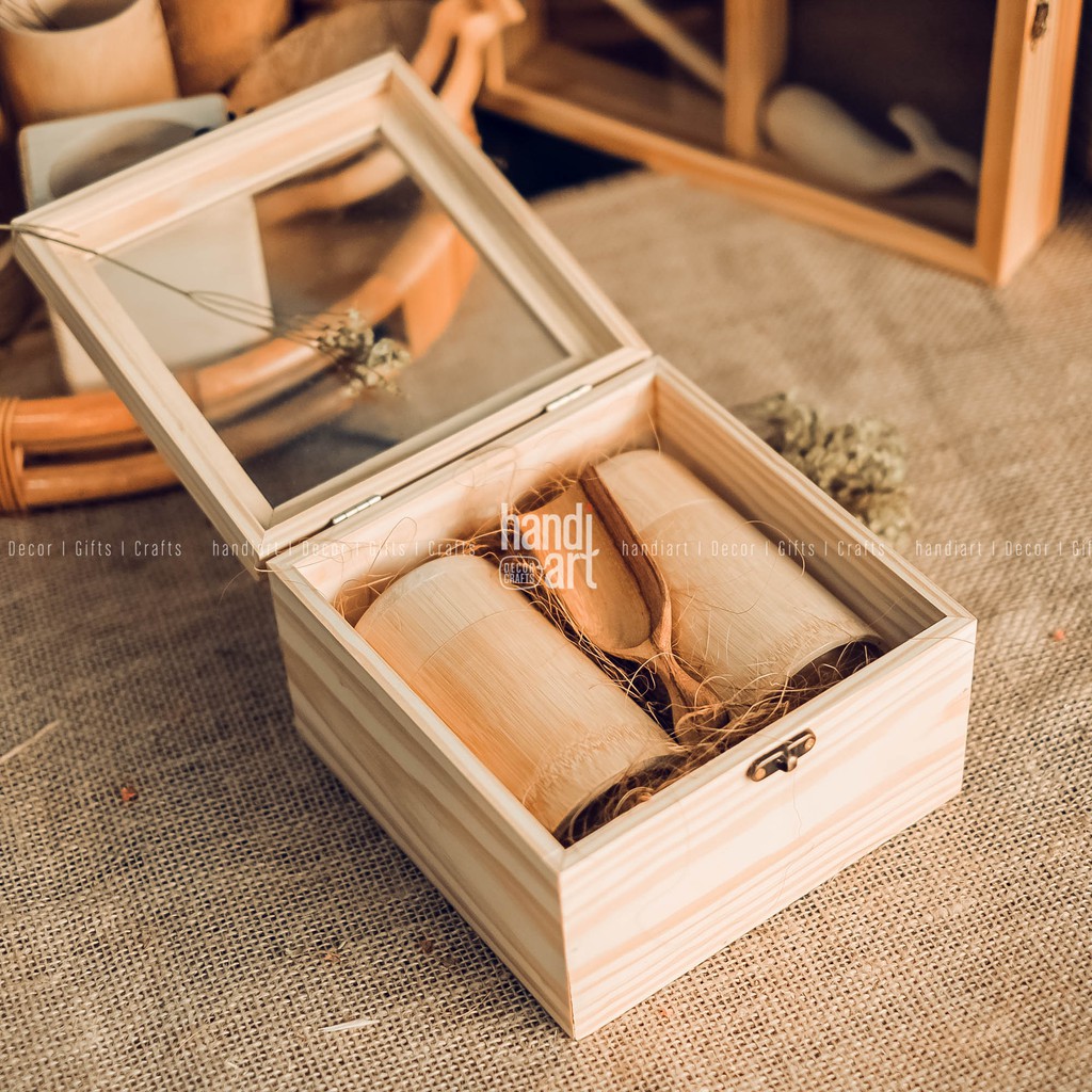 [COMBO 1 hộp gỗ vuông nắp kính+1 muỗng gỗ+2 hộp trà tre] - Hộp gỗ quà tặng - Wooden gift box