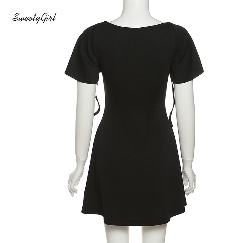 Đầm Mini Tay Ngắn Cổ Chữ V Màu Đen Trơn Thời Trang 2022 Quyến Rũ Cho Nữ