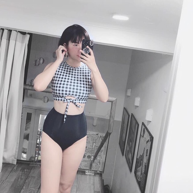 Bikini, đồ bơi 2 mảnh áo ba lỗ kẻ sọc caro kín đáo