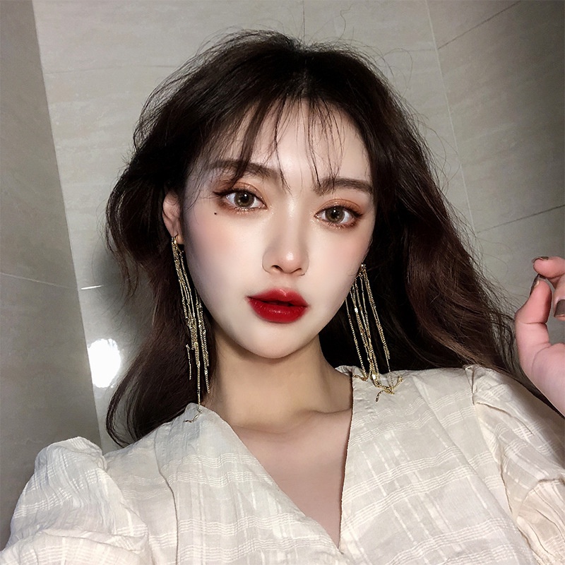 Khuyên Tai Kim Loại Dài Tua Rua Thời Trang Cho Nữ