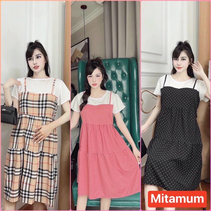 Váy đầm yếm bầu mùa hè chấm bi kẻ burbery chất siêu mát công sở đi chơi (Yếm liền)