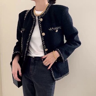 Áo khoác dạ tweed cổ tròn viền kim tuyến trần bông mỏng