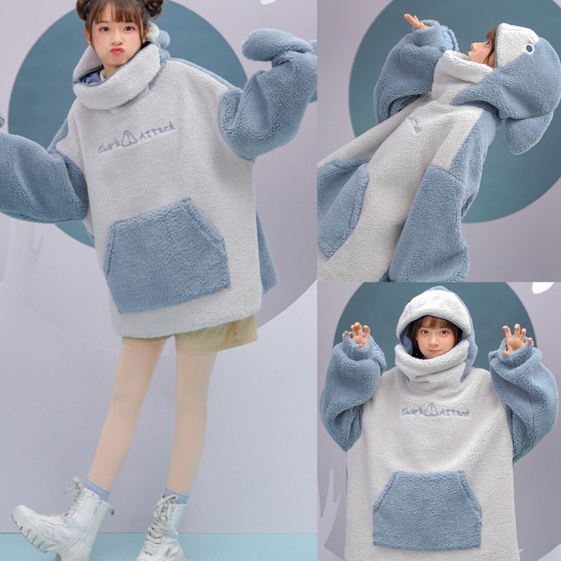 Áo Hoodie Hình Cá Mập Dễ Thương Dày Dặn Dáng Rộng Có Khóa Kéo Thêu Chữ Phong Cách Harajuku Cho Nữ