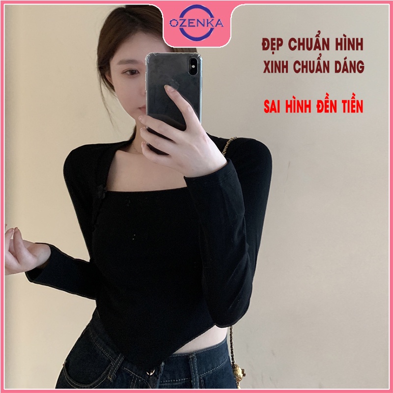 Áo croptop tay dài cổ vuông vạt yếm OZENKA , crt ôm nữ đen trắng thun gân 100% cotton free size dưới 52 kg