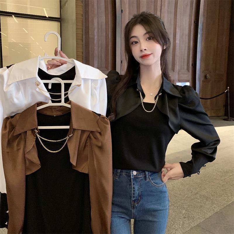 Áo Sơ Mi Giả Hai Lớp Tay Dài Kèm Khăn Choàng Màu Sắc Độc Đáo Dành Cho Nữ