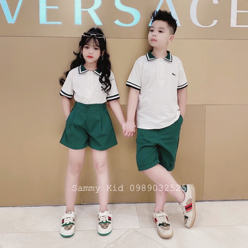 Set áo Polo Xanh lá cho bé trai gái size đại 16-41kg cá tính