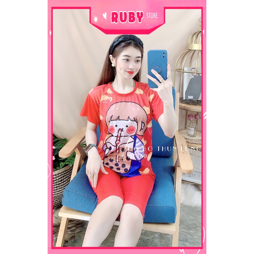 Đồ bộ nữ mặc nhà chất thun mềm mịn in hình bé trà sữa hoạt hình dễ thương Đồ bộ thun lửng BTT60