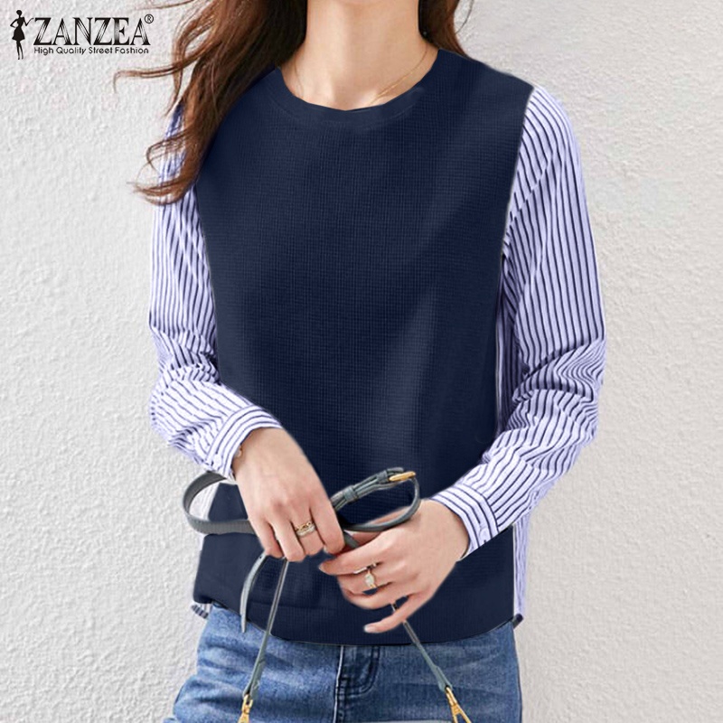 Áo kiểu ZANZEA cổ tròn rộng kiểu chắp vá kẻ sọc dài tay thời trang cho nữ