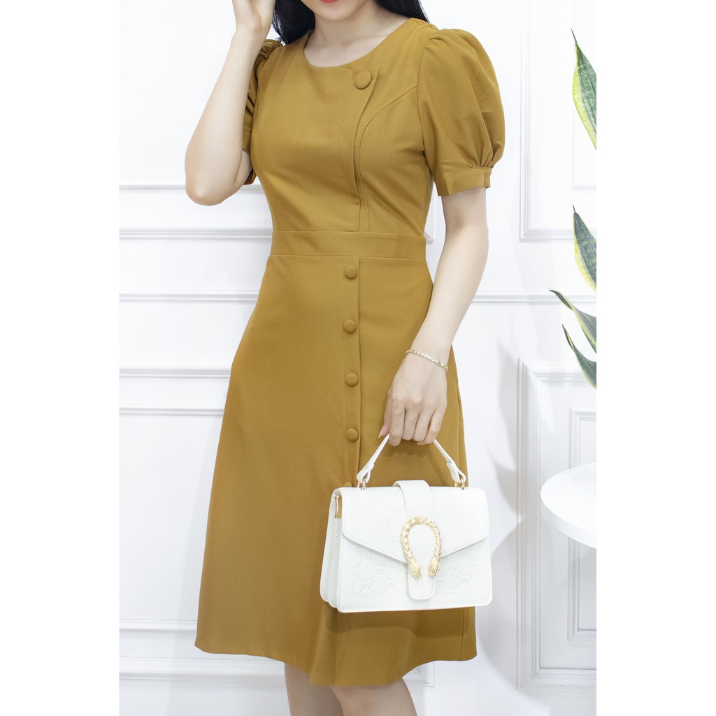 Đầm công sở thiết kế kiểu nút bộc chất cotton lạnh tay phồng ☘ Váy nữ dự tiệc sang trong - Da089 | BigBuy360 - bigbuy360.vn