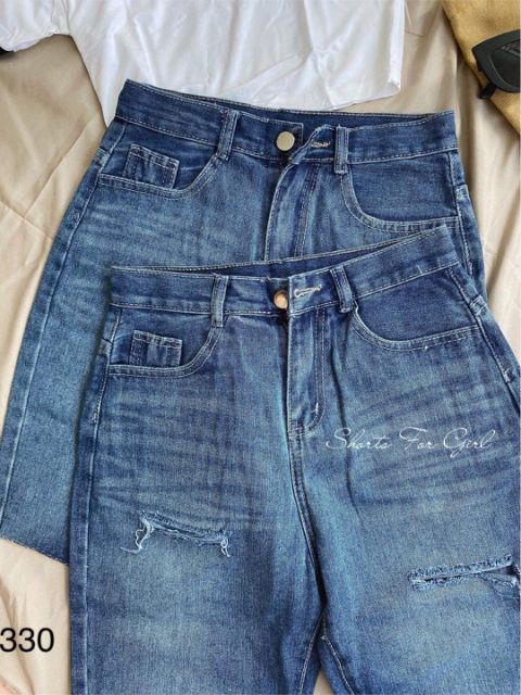 Quần ngố short jeans lửng rách bên xẻ màu đậm lưng cao form rộng kèm ảnh thật