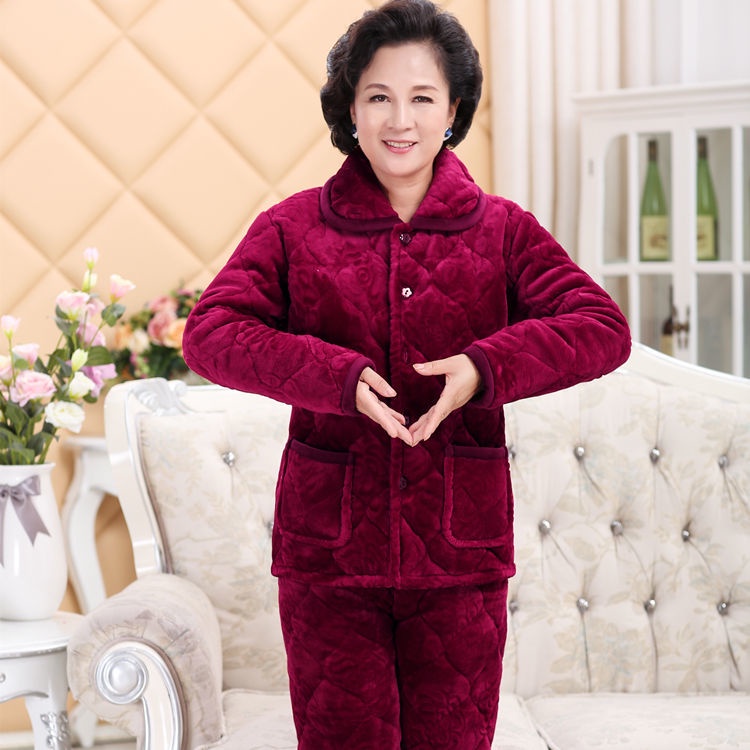Đồ ngủ phụ nữ mùa đông dày dặn bộ ấm áp cho người trung niên và cao tuổi dịch vụ tại nhà bằng vải nỉ