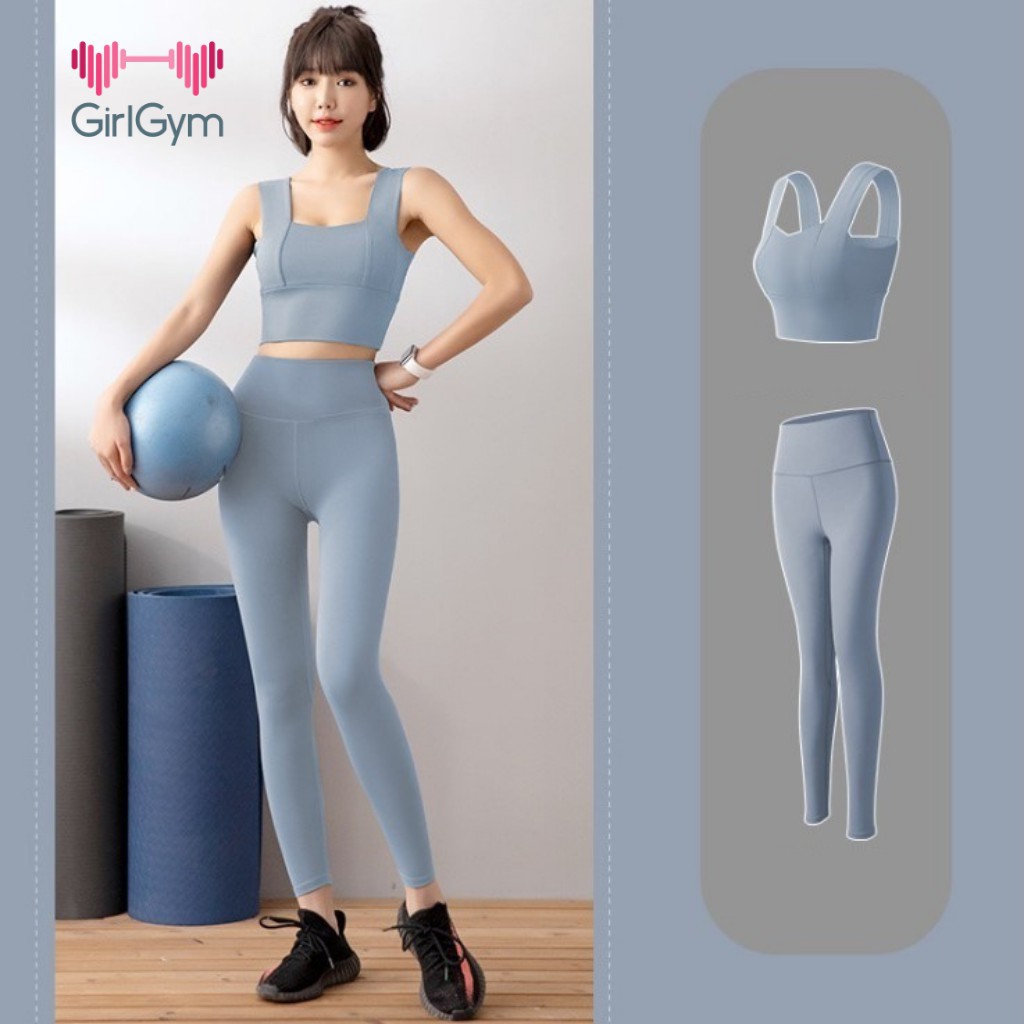 Bộ tập gym yoga earobic nữ, Sét quần dài và áo ba lỗ croptop có lót ngực chống sốc khi tập luyện Girl Gym