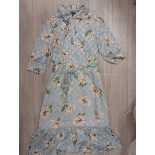 Đầm sơ mi hoa lụa Banana republic VNXK đầm dáng dài midi viền bèo hoa nổi jacquard floral shirt dress xuất khẩu dư xịn