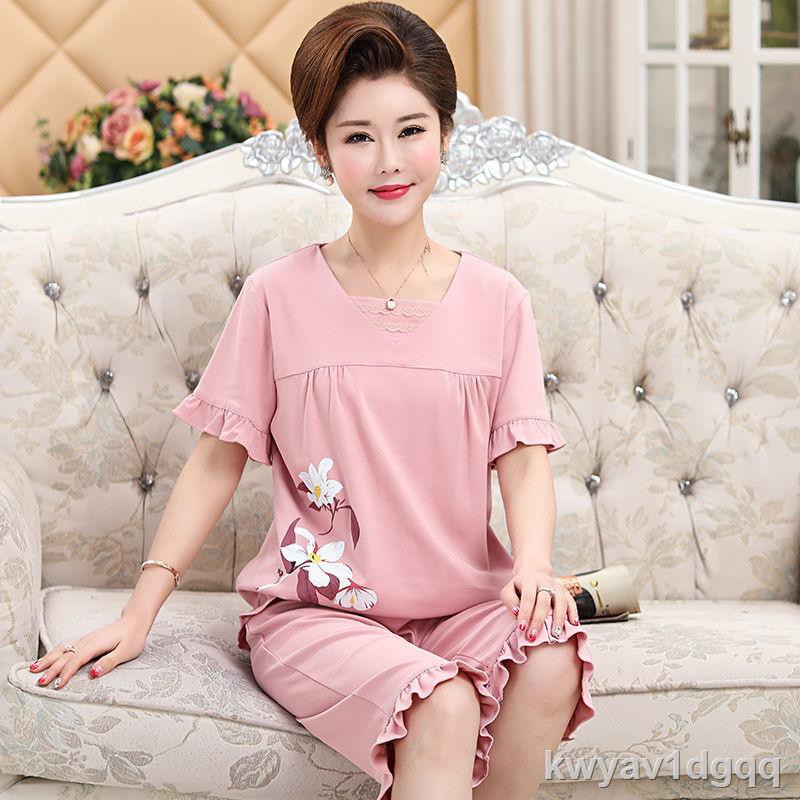 Bộ đồ ngủ dành cho người trung niên và cao tuổi, quần dài ngắn tay bằng vải cotton mỏng, cộng với áo ở nhà cỡ mm