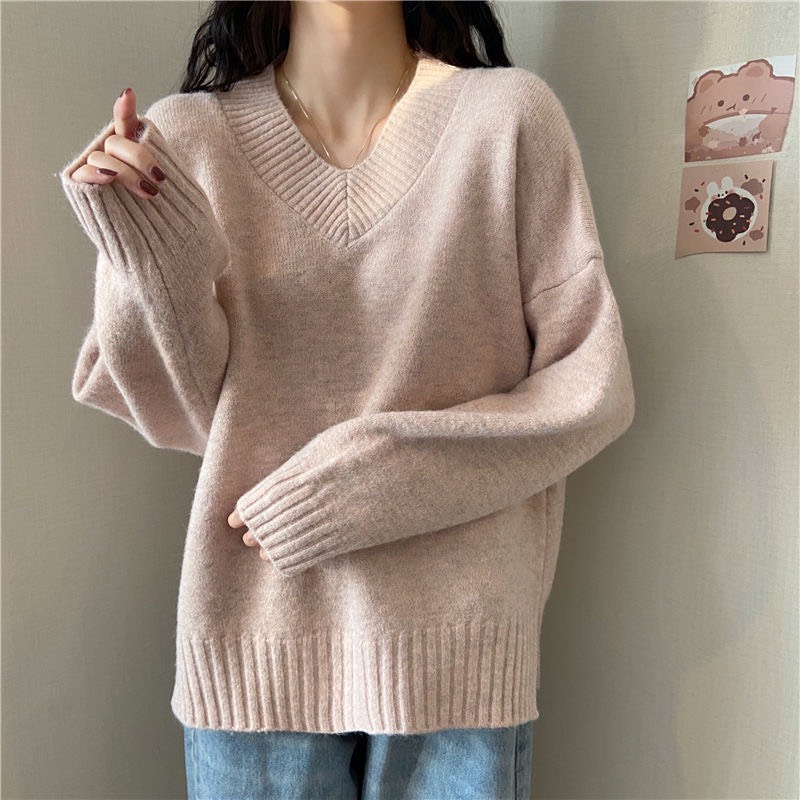 Áo len dệt kim lông lạc đà cổ V dáng xuông dài tay mềm mại ấm áp 5 màu pastel