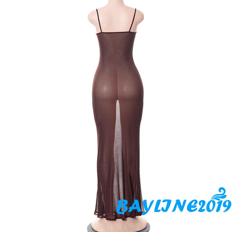 Bay-Women’s Casual Suspender Long Dress Fashion Perspective Mesh Yarn Backless Skinny Dress