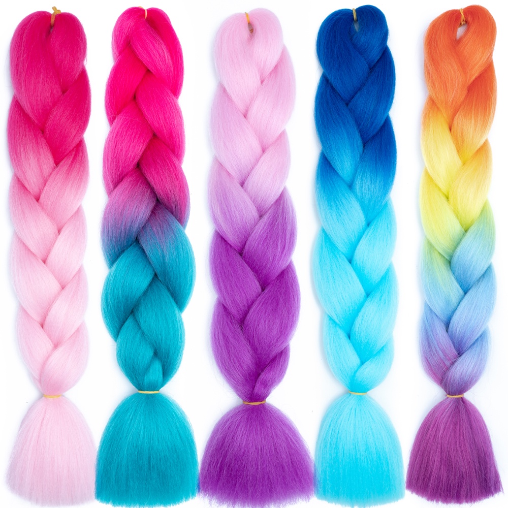 Bím Tóc Giả Dài 24 Inch Nhuộm Màu Ombre/Tím/Hồng/Vàng Độc Đáo Tiện Dụng