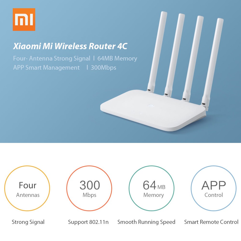 Bộ Phát Sóng Wifi Thông Minh Xiaomi Mi 4c 64 Ram 802.11 B / G / N 2.4ghz 300mbps 4 Ăng Ten
