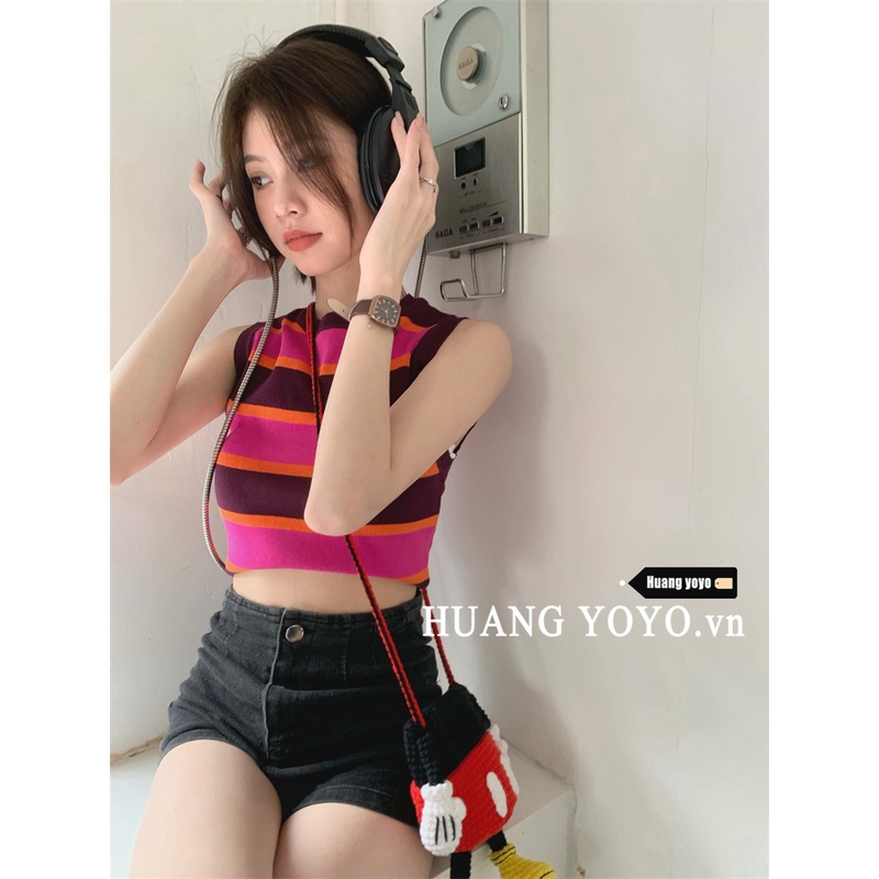 Kumikumi Áo croptop Áo Dệt Kim Hai Dây Dáng Ngắn Kẻ Sọc Màu Xanh Lá Phong Cách Mỹ Thời Trang Mùa Hè Hàn Quốc Cho Nữ
