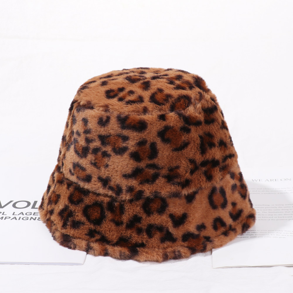 Mũ bucket phối lông giả màu trơn/họa tiết động vật thời trang mùa đông cho nữ